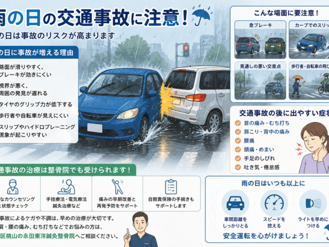 雨の日は交通事故に要注意｜交通事故後の不調は伏見区桃山の永田東洋鍼灸整骨院へご相談ください‼️