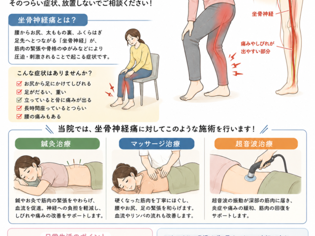 坐骨神経痛で足のしびれ・だるさ・重さが気になる方へ｜鍼灸治療・マッサージ・超音波でケア‼️