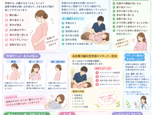 マタニティ整体なら京都市伏見区桃山の永田東洋鍼灸整骨院へ｜妊娠中の腰痛・肩こり・身体の負担をサポート‼️
